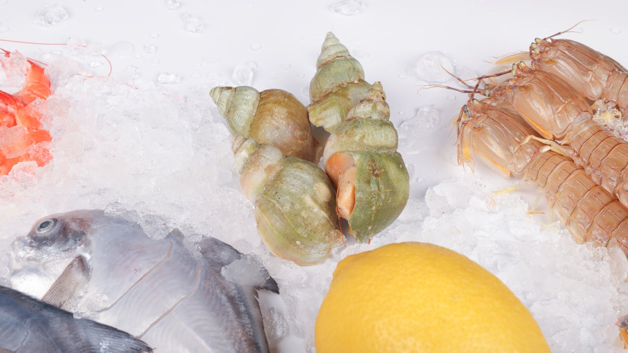 High-quality top view of fresh seafood variety on ice, featuring lemon and shellfish.